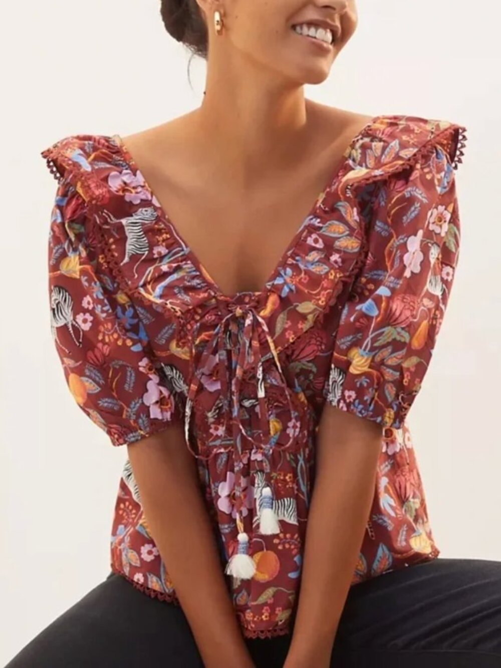 Maeve Anthropologie Zebra Floral Print Smocked-Back‎ Ruffle Tassel Top - Sz XS